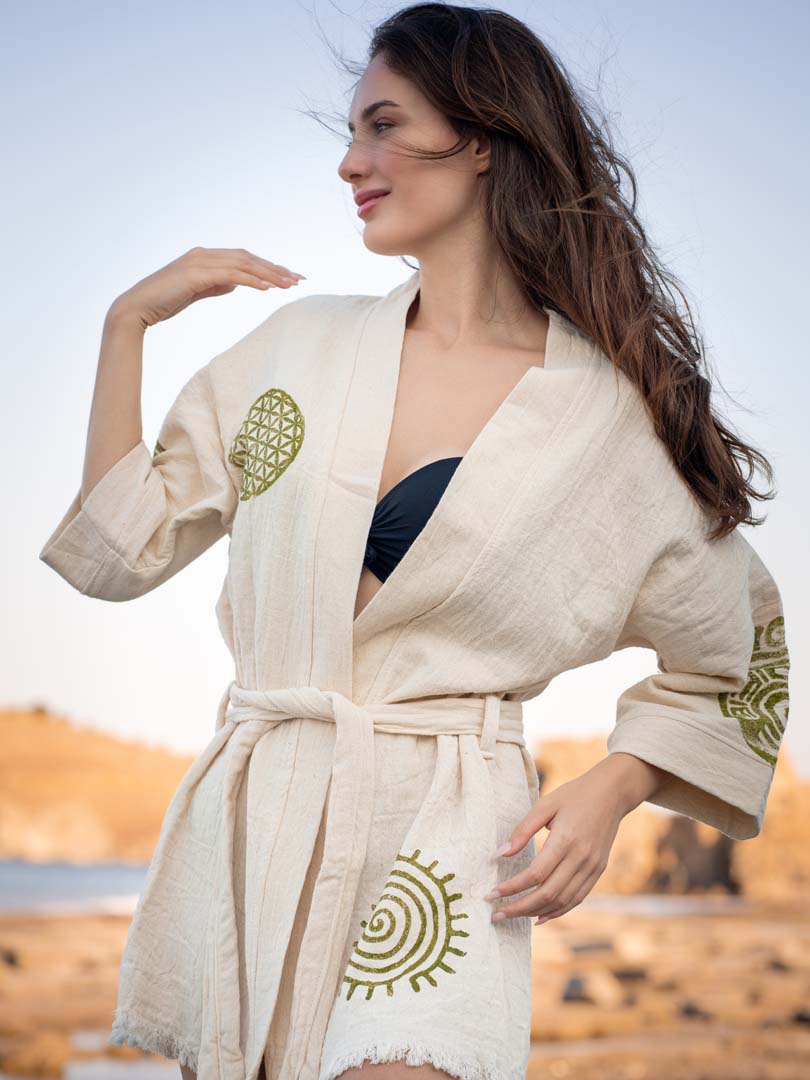 Ayrise Pamuk Hindiba Taş Baskı Kimono Gömlek