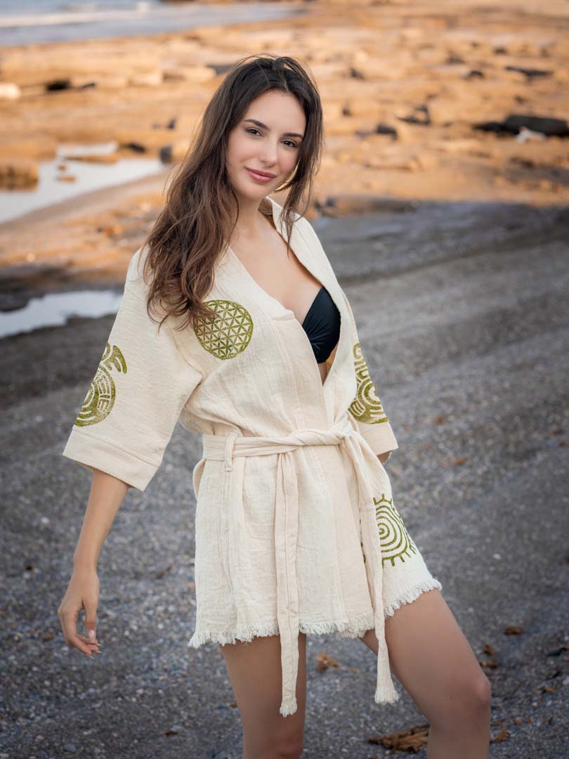 Ayrise Pamuk Hindiba Taş Baskı Kimono Gömlek - Görsel 3