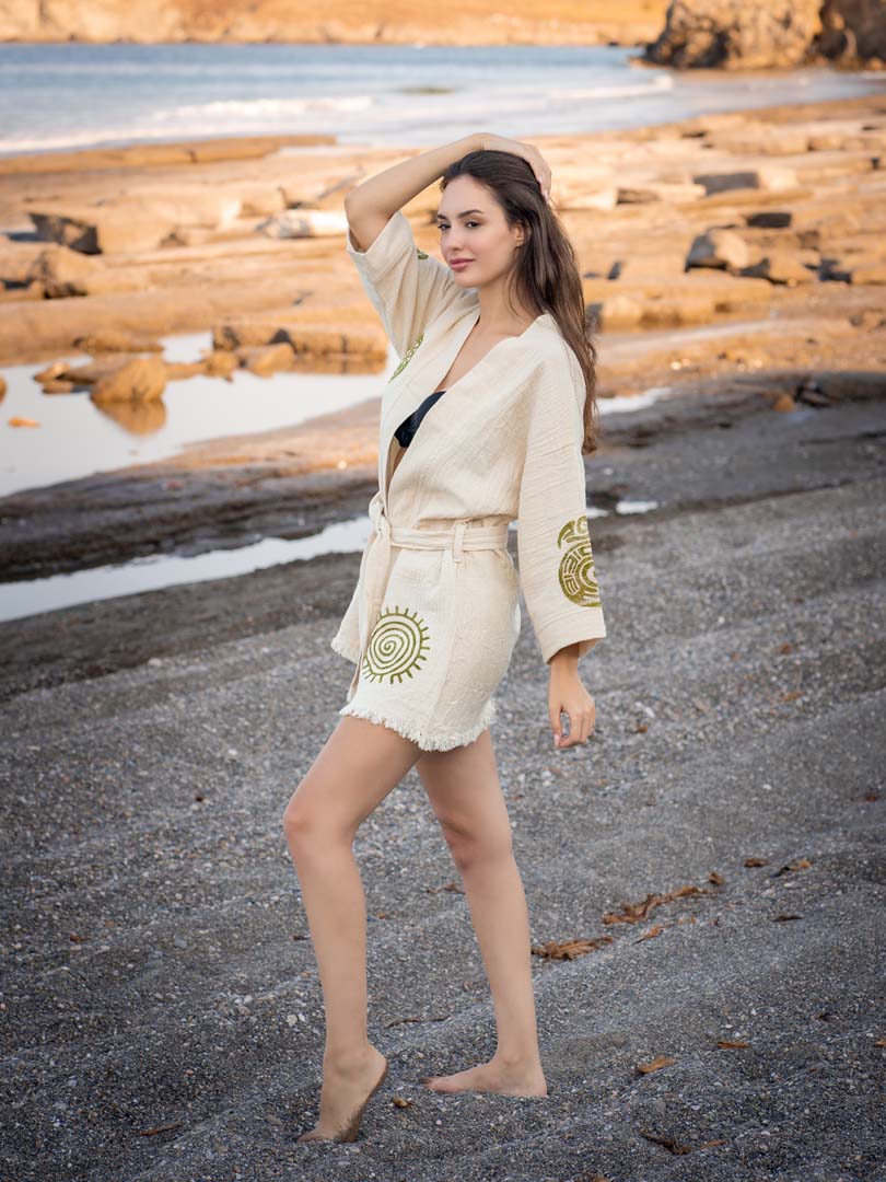 Ayrise Pamuk Hindiba Taş Baskı Kimono Gömlek - Görsel 4