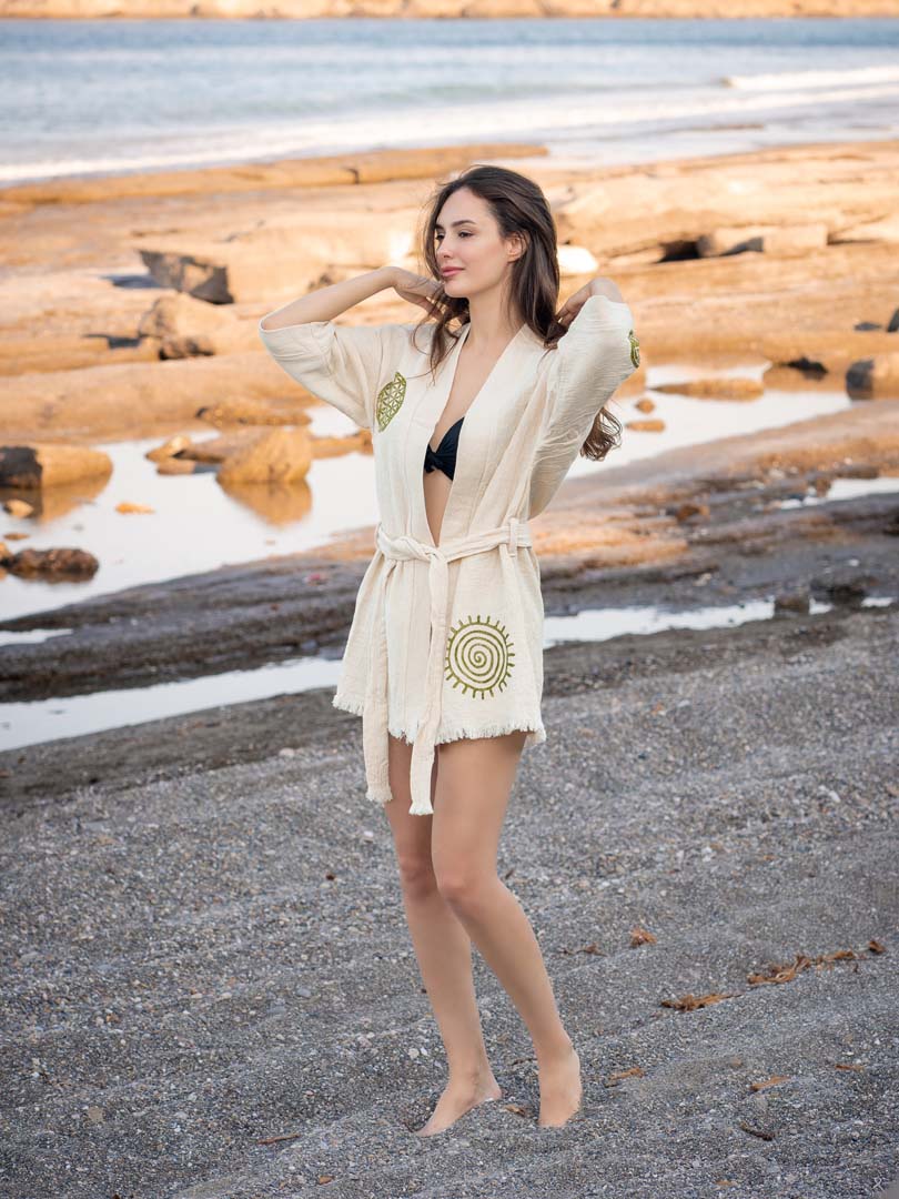 Ayrise Pamuk Hindiba Taş Baskı Kimono Gömlek - Görsel 5